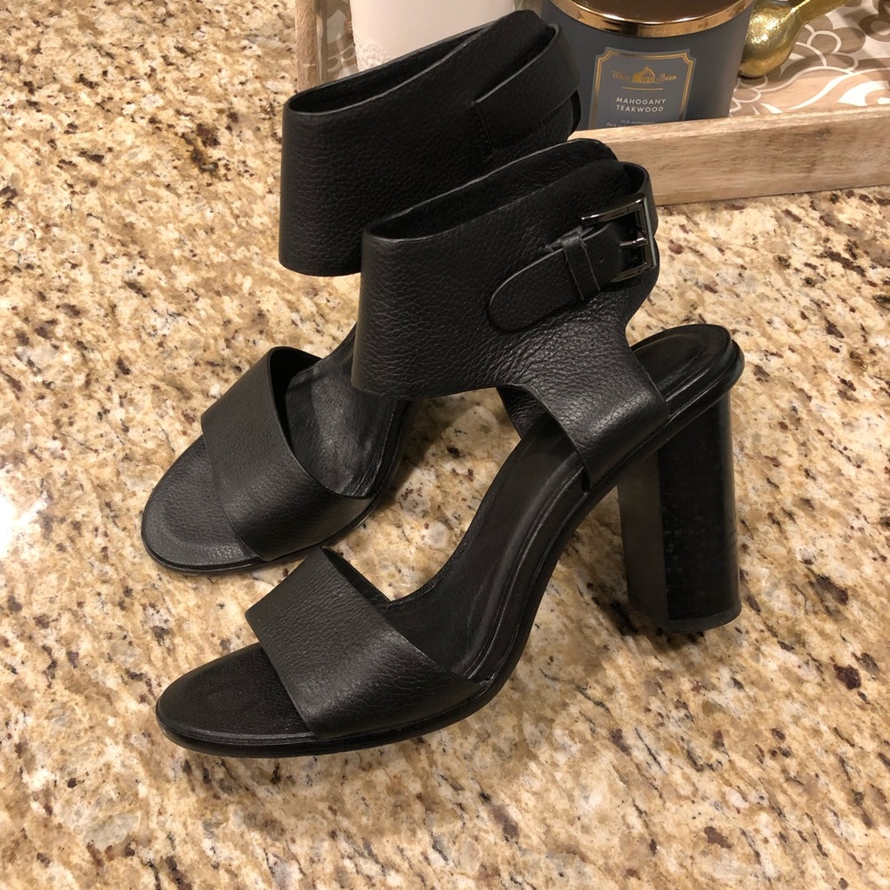 Joie Black Leather Chunky Heels W/ Ankle Strap Block Heel 38